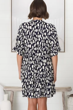 Evie Mini Dress - 3/4 Sleeve Tiered Smock Dress in Navy><noscript><img width=