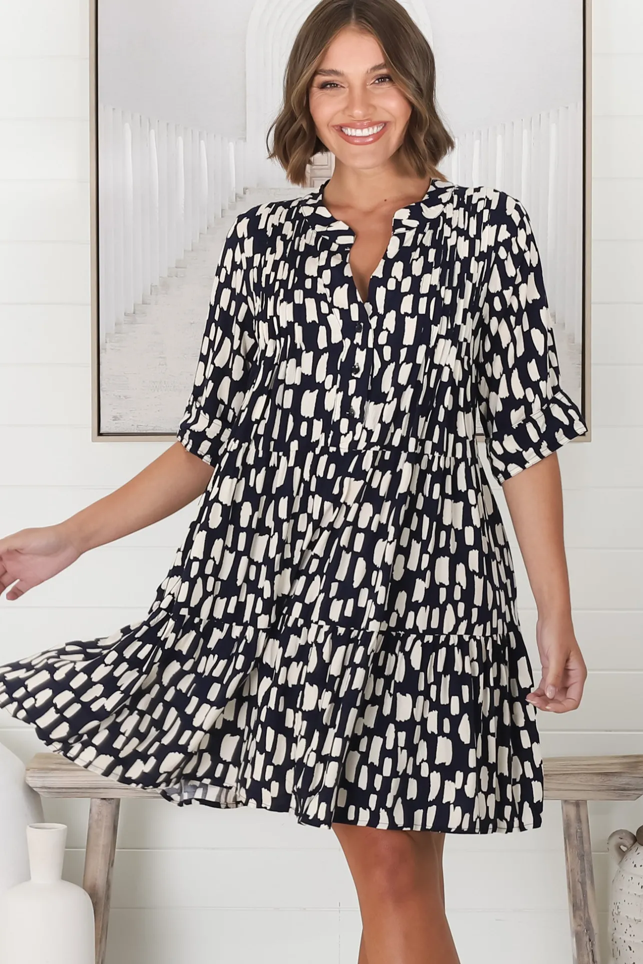 Evie Mini Dress - 3/4 Sleeve Tiered Smock Dress in Navy>Salty Crush Discount