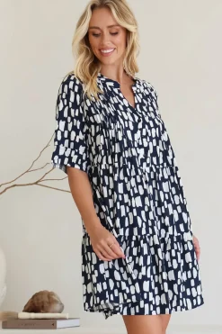 Evie Mini Dress - 3/4 Sleeve Tiered Smock Dress in Navy><noscript><img width=