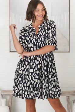Evie Mini Dress - 3/4 Sleeve Tiered Smock Dress in Navy><noscript><img width=