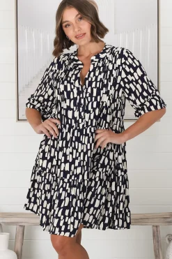 Evie Mini Dress - 3/4 Sleeve Tiered Smock Dress in Navy><noscript><img width=