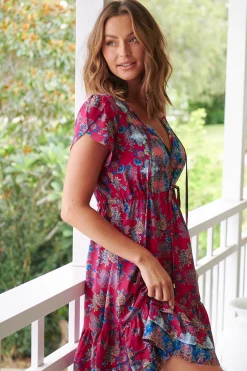 Faithful Mini Dress - Drawstring Waist Tiered Mini Dress in Strawberry Kiss Print>Jaase Best
