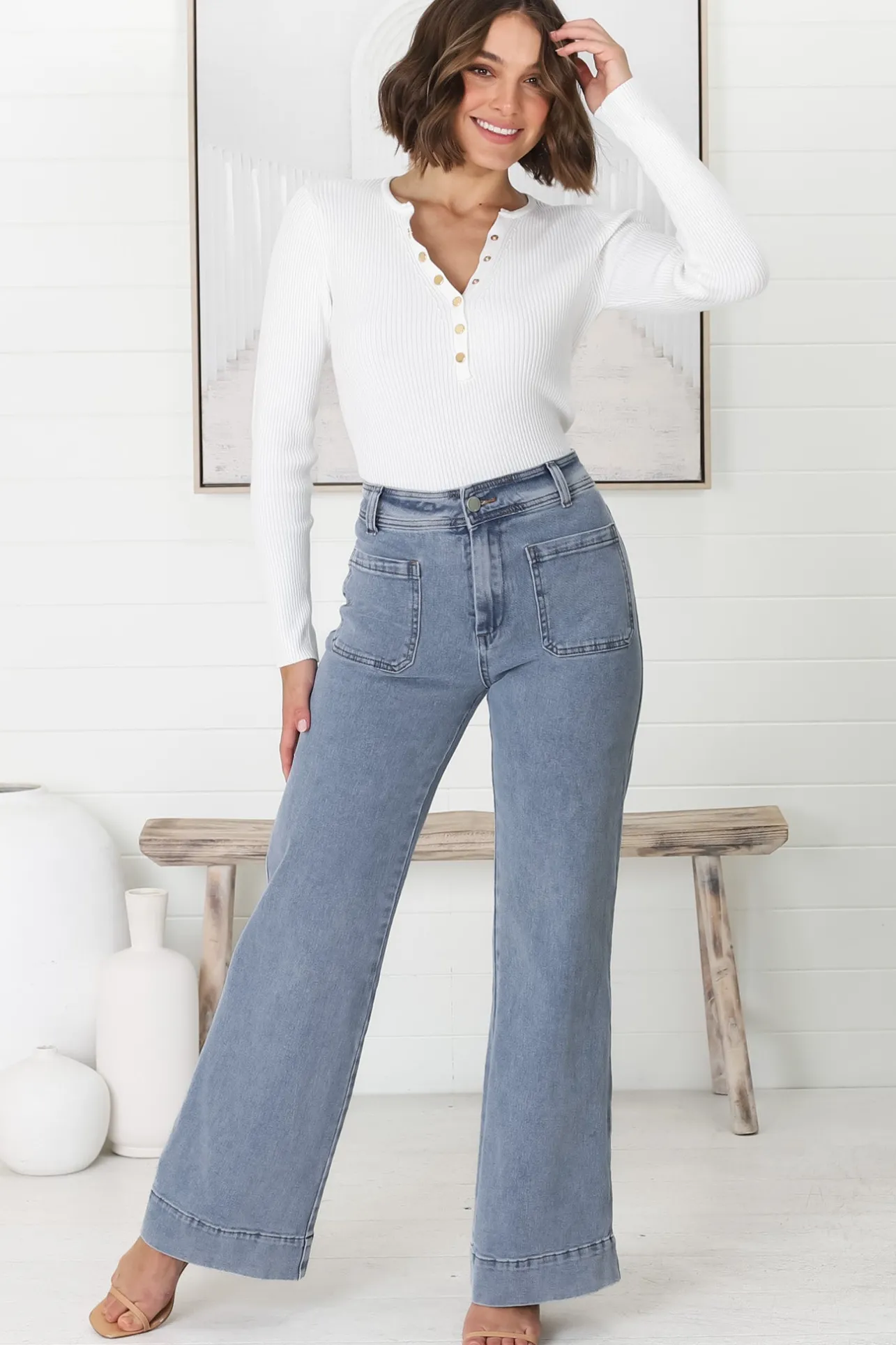 Farah Jeans - Highwaisted Flare Leg Stretch Jean in Light Denim>Salty Crush Sale