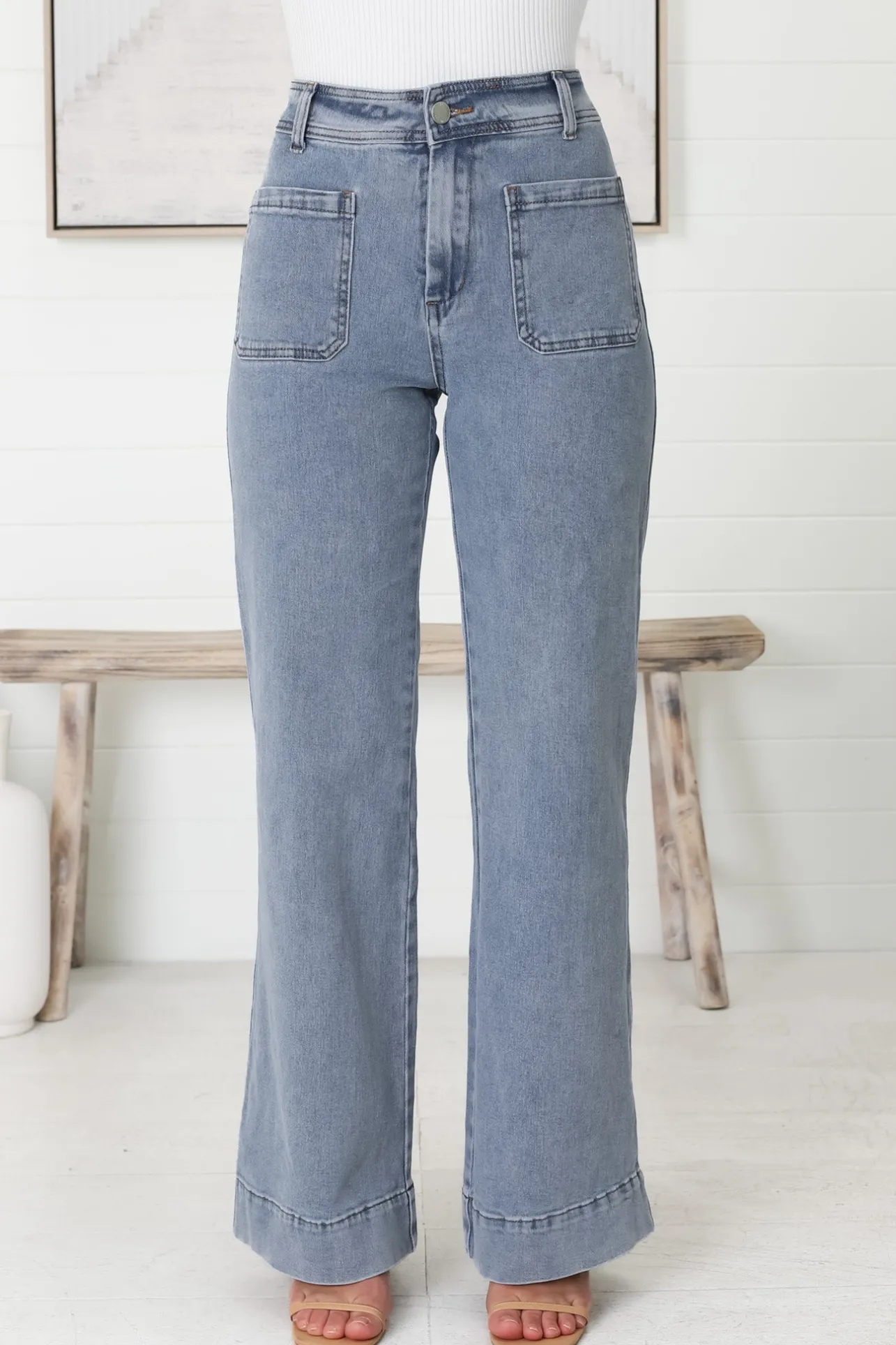 Farah Jeans - Highwaisted Flare Leg Stretch Jean in Light Denim>Salty Crush Sale