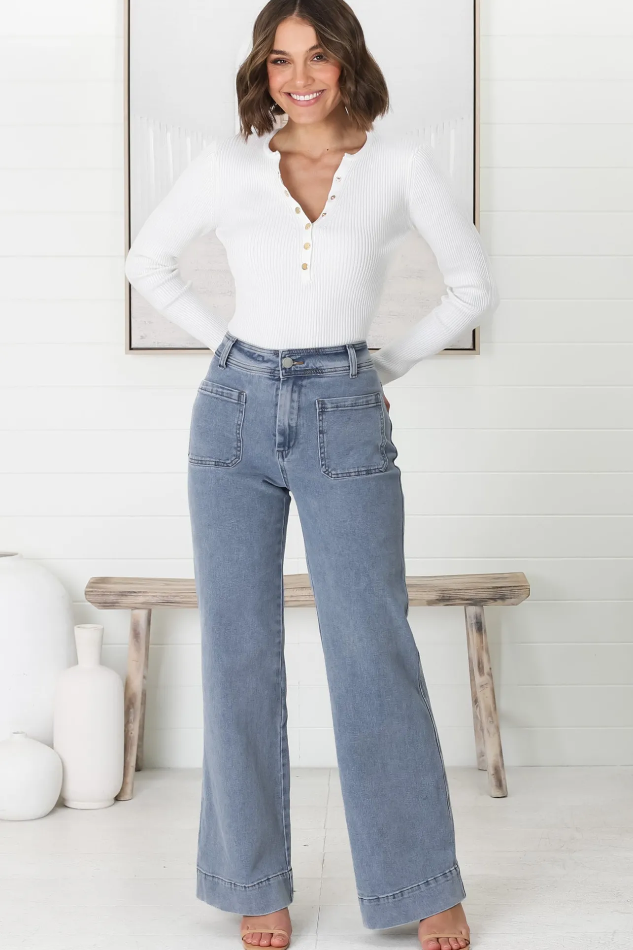 Farah Jeans - Highwaisted Flare Leg Stretch Jean in Light Denim>Salty Crush Sale