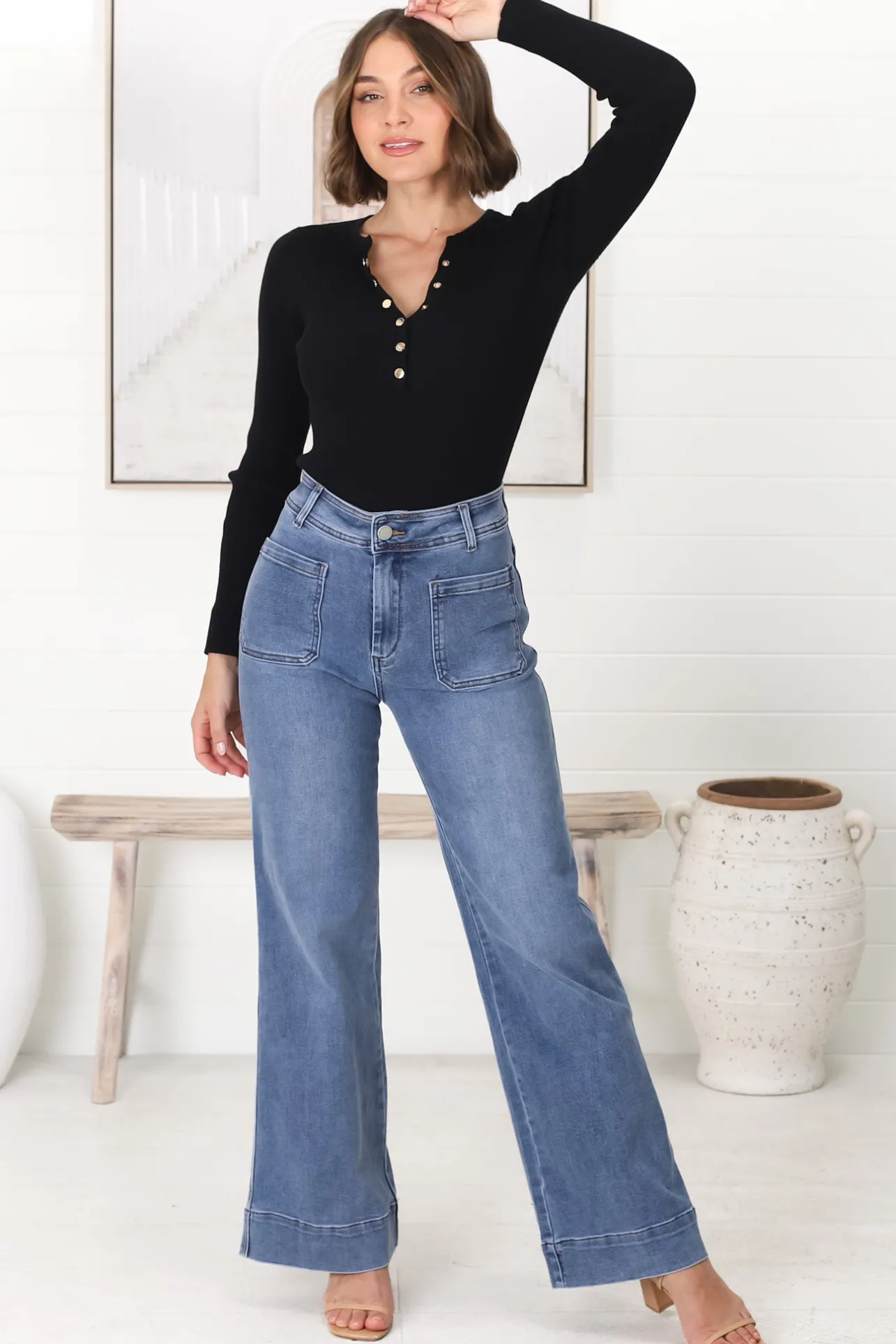 Farah Jeans - Highwaisted Flare Leg Stretch Jean in Mid Denim>Salty Crush Clearance