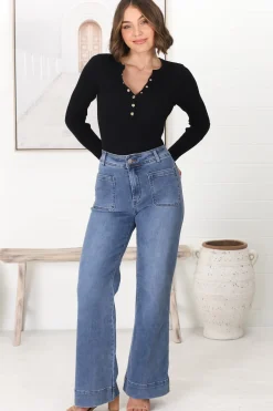 Farah Jeans - Highwaisted Flare Leg Stretch Jean in Mid Denim><noscript><img width=