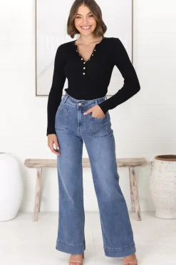 Farah Jeans - Highwaisted Flare Leg Stretch Jean in Mid Denim><noscript><img width=