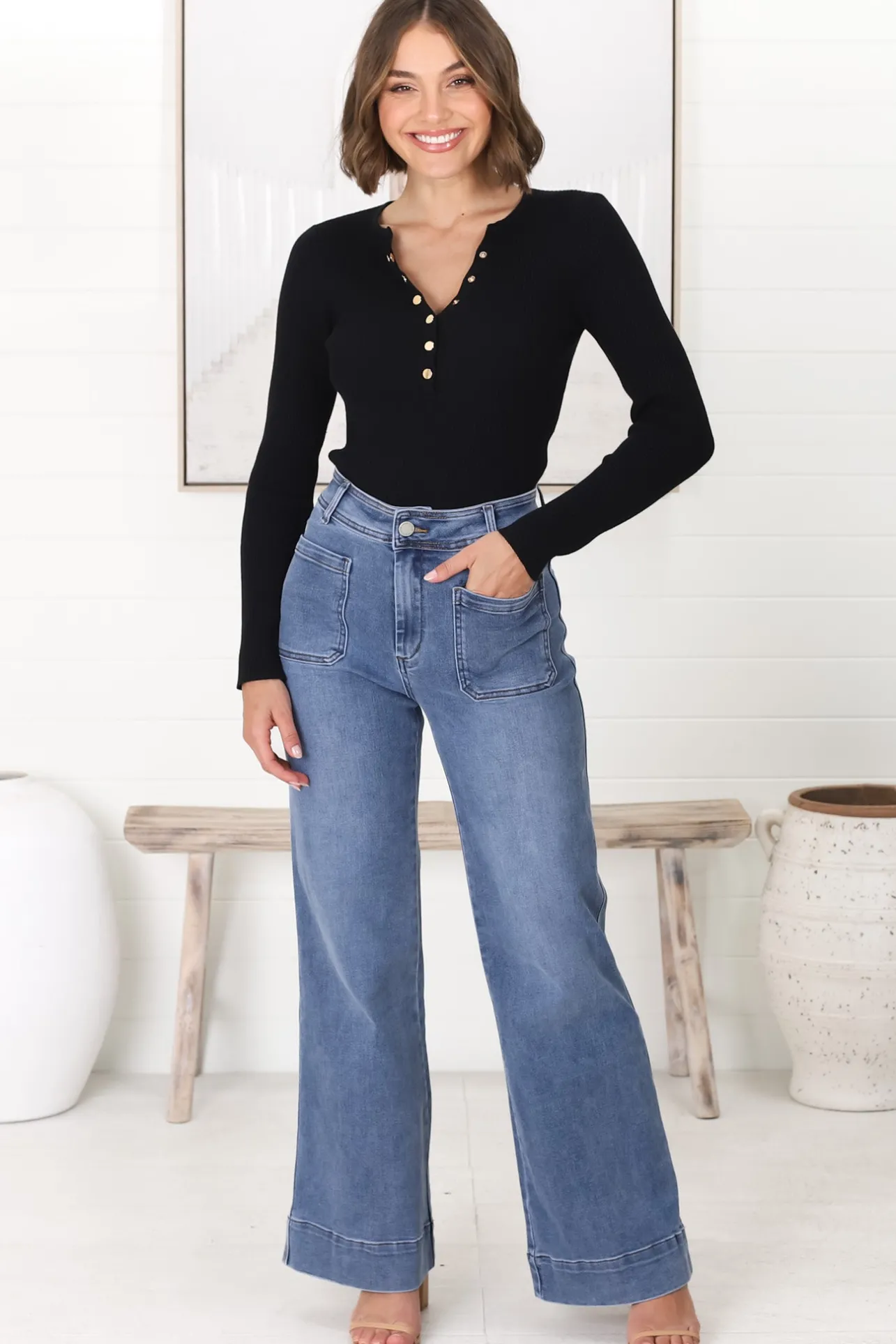Farah Jeans - Highwaisted Flare Leg Stretch Jean in Mid Denim>Salty Crush Clearance