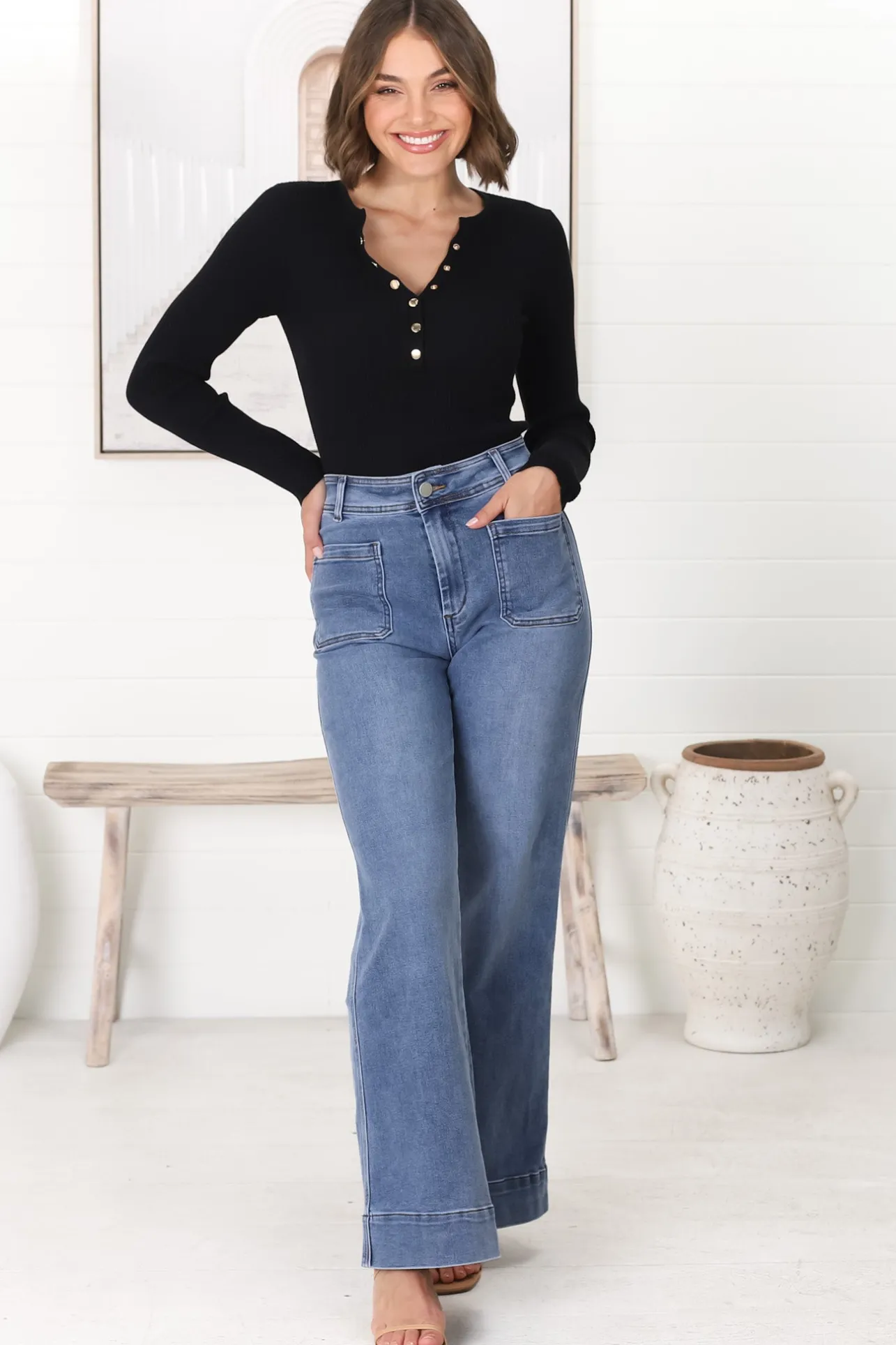 Farah Jeans - Highwaisted Flare Leg Stretch Jean in Mid Denim>Salty Crush Clearance