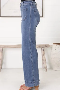 Farah Jeans - Highwaisted Flare Leg Stretch Jean in Mid Denim><noscript><img width=