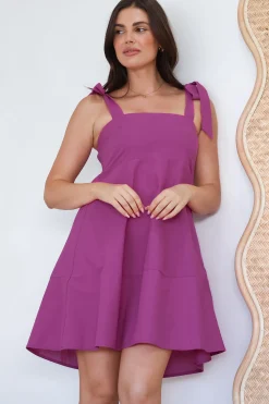 Faris Mini Dress - Tie Up Strap Cotton Sun Dress in Purple>Salty Crush Discount