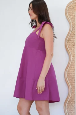 Faris Mini Dress - Tie Up Strap Cotton Sun Dress in Purple><noscript><img width=