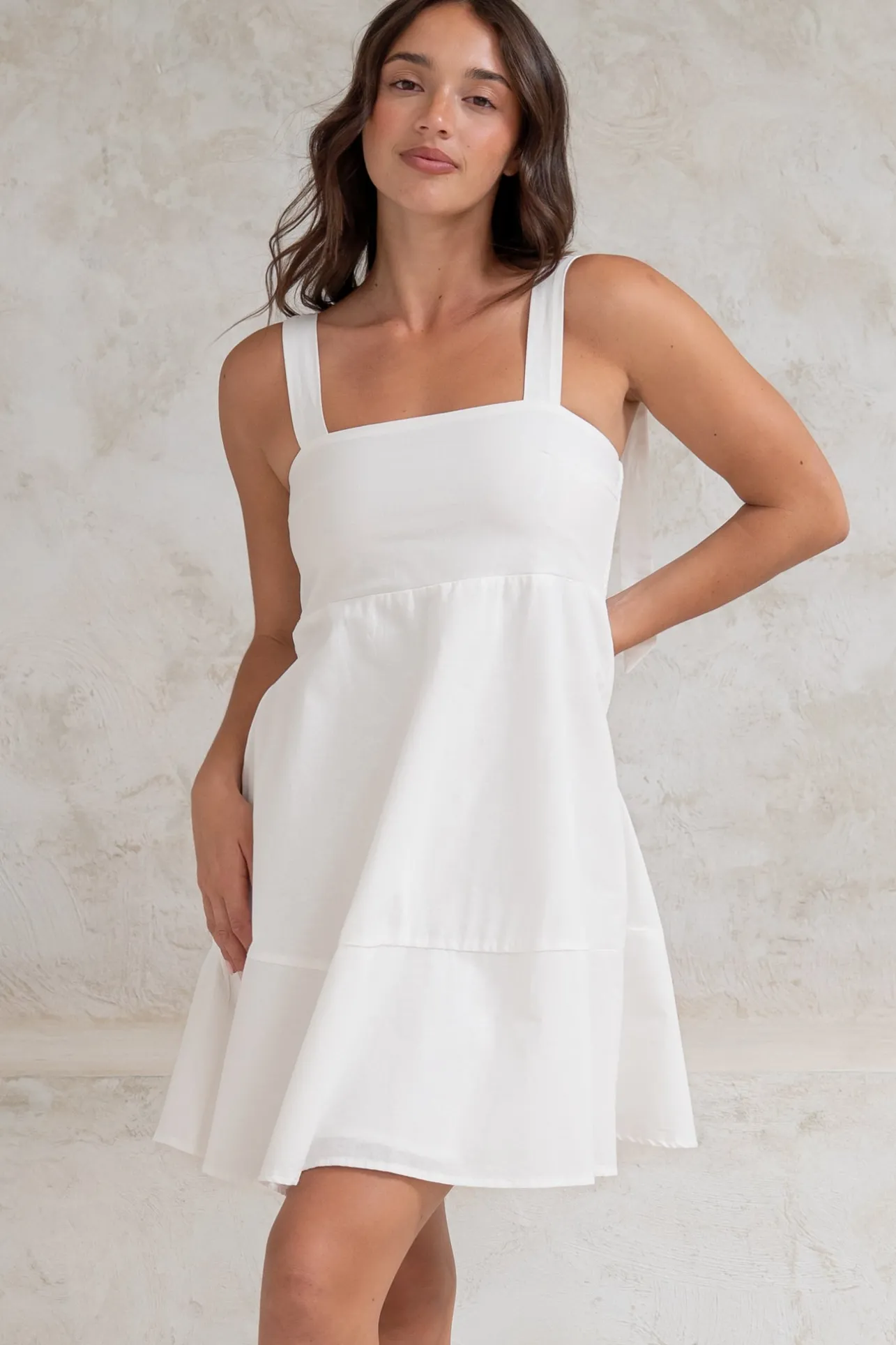 Faris Mini Dress - Tie Up Strap Cotton Sun Dress in White>Salty Crush Best