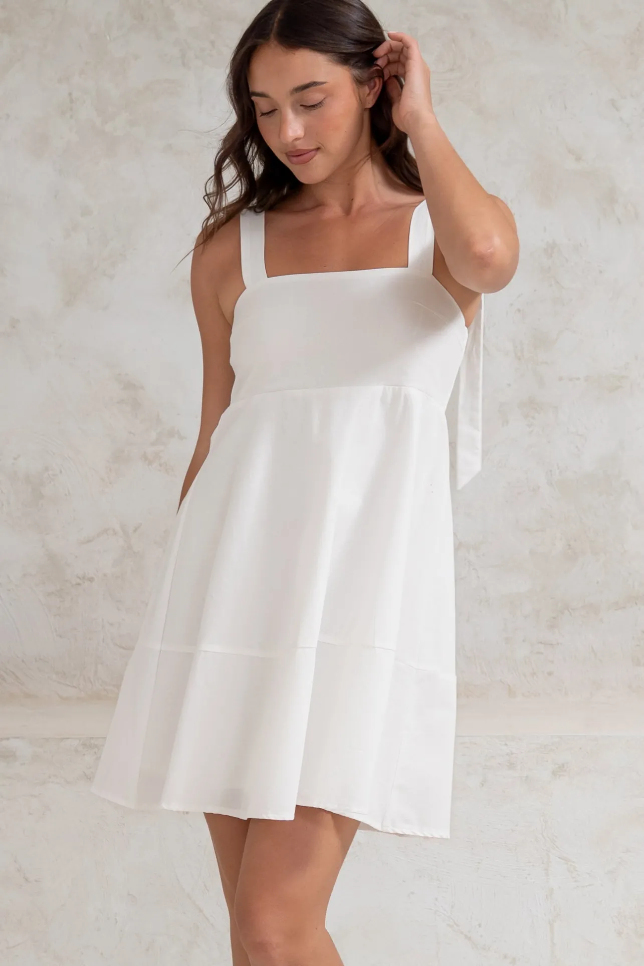 Faris Mini Dress - Tie Up Strap Cotton Sun Dress in White>Salty Crush Best