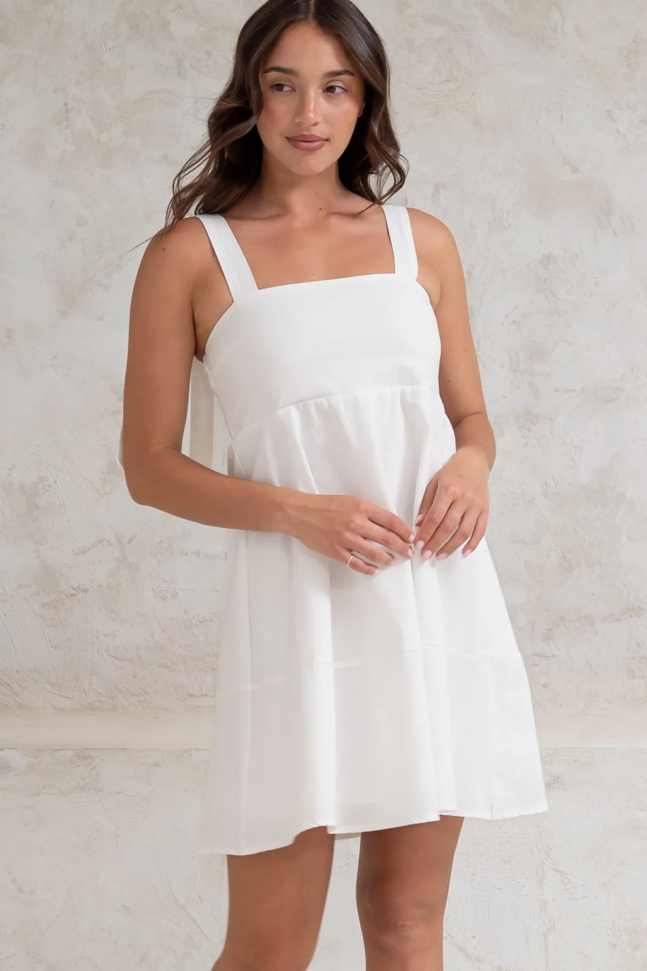 Faris Mini Dress - Tie Up Strap Cotton Sun Dress in White>Salty Crush Best