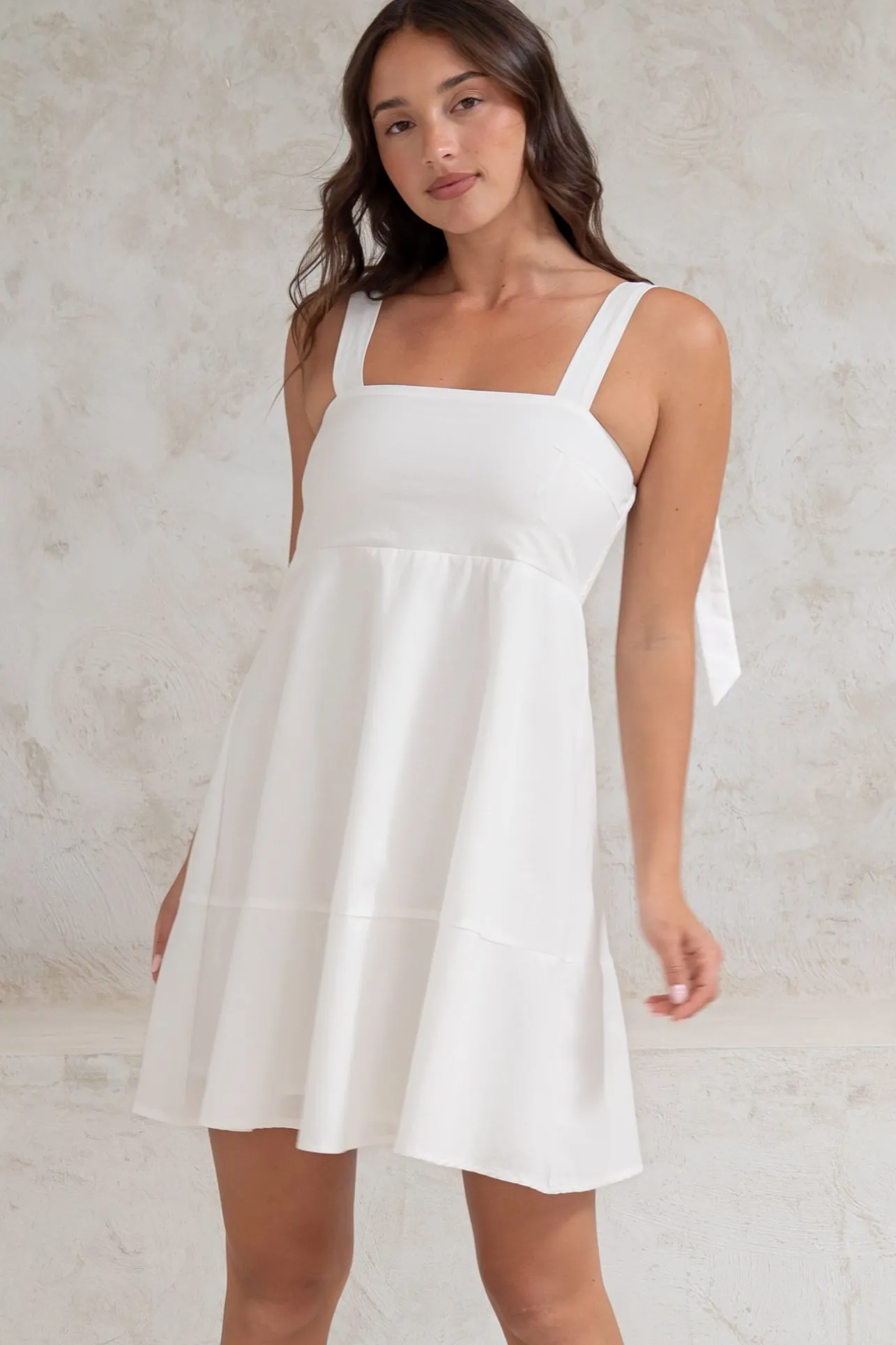 Faris Mini Dress - Tie Up Strap Cotton Sun Dress in White>Salty Crush Best