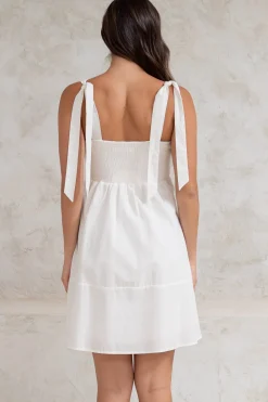 Faris Mini Dress - Tie Up Strap Cotton Sun Dress in White><noscript><img width=