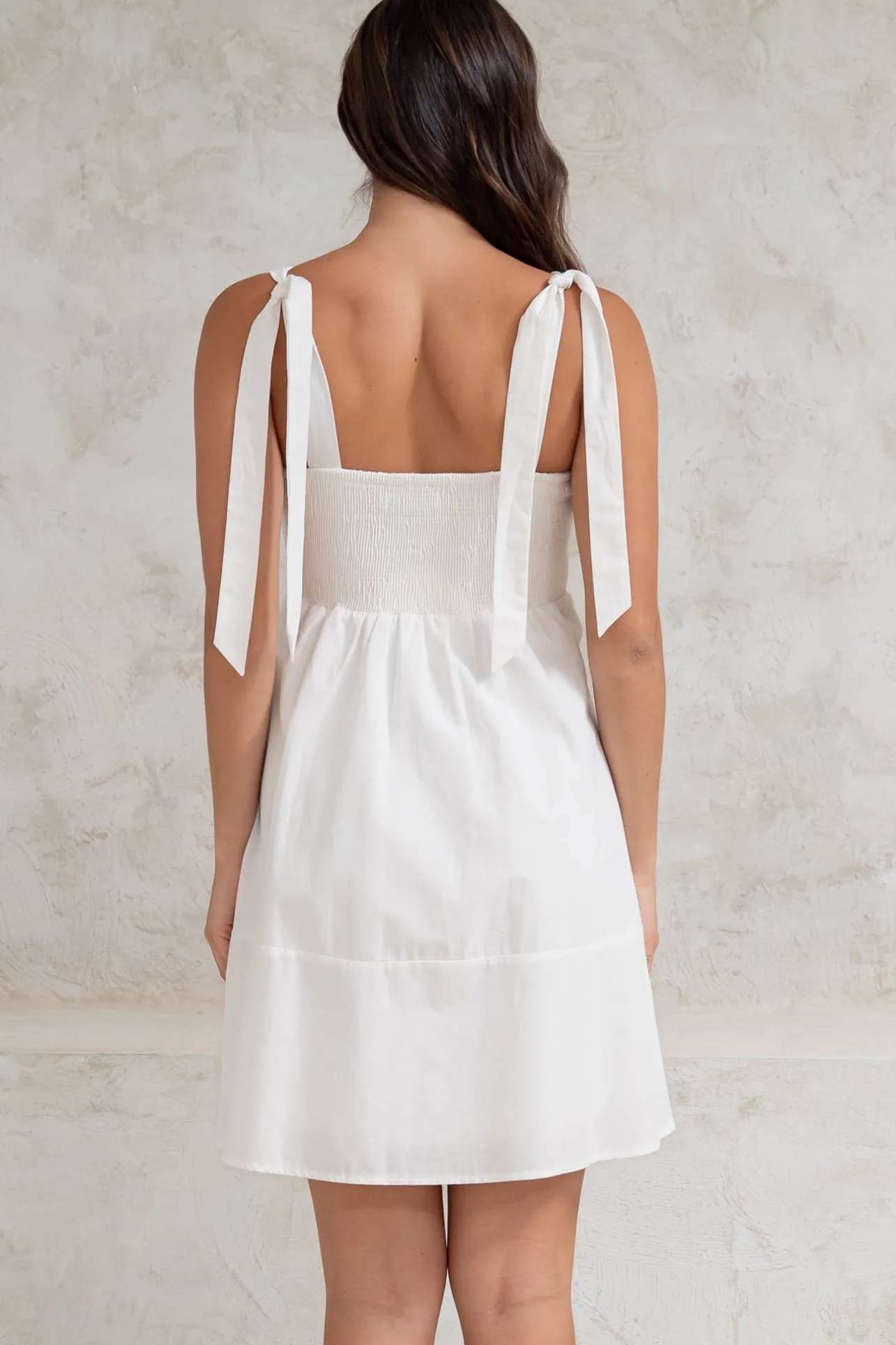 Faris Mini Dress - Tie Up Strap Cotton Sun Dress in White>Salty Crush Best