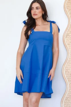 Faris Mini Dress - Tie Up Strap Cotton Sun Dress in Blue>Salty Crush