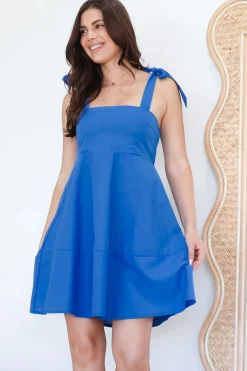 Faris Mini Dress - Tie Up Strap Cotton Sun Dress in Blue><noscript><img width=