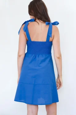 Faris Mini Dress - Tie Up Strap Cotton Sun Dress in Blue><noscript><img width=