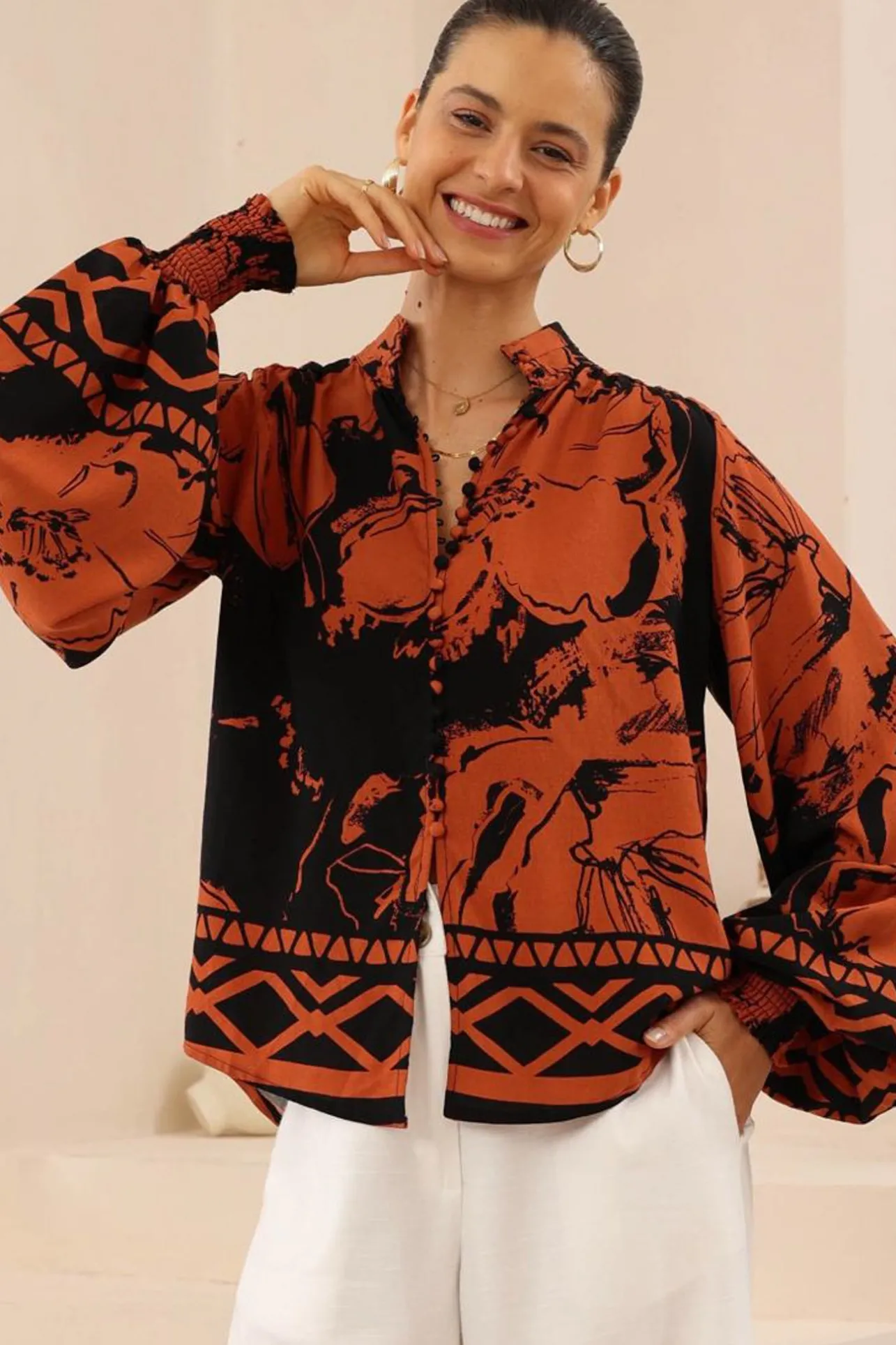 Faye Blouse - Mandarin Collar Balloon Sleeve Button Down Shirt in Joslyn Print>Salty Crush Sale