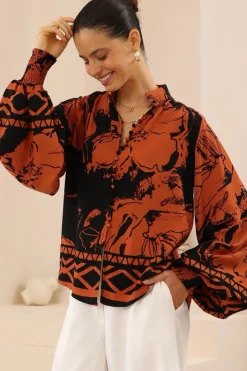 Faye Blouse - Mandarin Collar Balloon Sleeve Button Down Shirt in Joslyn Print><noscript><img width=