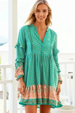 Fey Mini Dress - V-Neck Long Sleeve Mini Dress in Jade Print>Jaase Sale