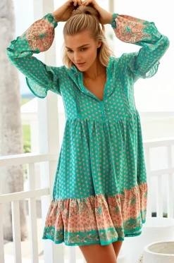 Fey Mini Dress - V-Neck Long Sleeve Mini Dress in Jade Print><noscript><img width=