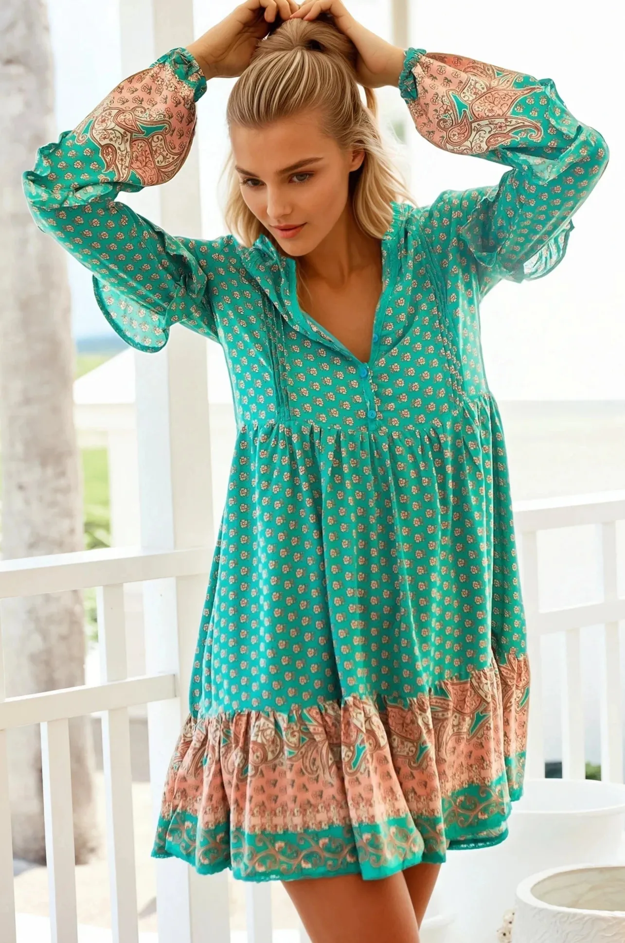 Fey Mini Dress - V-Neck Long Sleeve Mini Dress in Jade Print>Jaase Sale