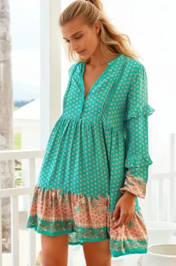 Fey Mini Dress - V-Neck Long Sleeve Mini Dress in Jade Print><noscript><img width=