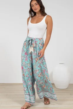 Finlee Pants - Attached Wrap Belt with Tassels Wide Leg Pants in Shirley Print>Salty Crush Hot