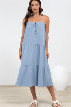 Fintan Midi Dress - Sqaure Neckline Tiered Sun Dress in Blue>Salty Crush