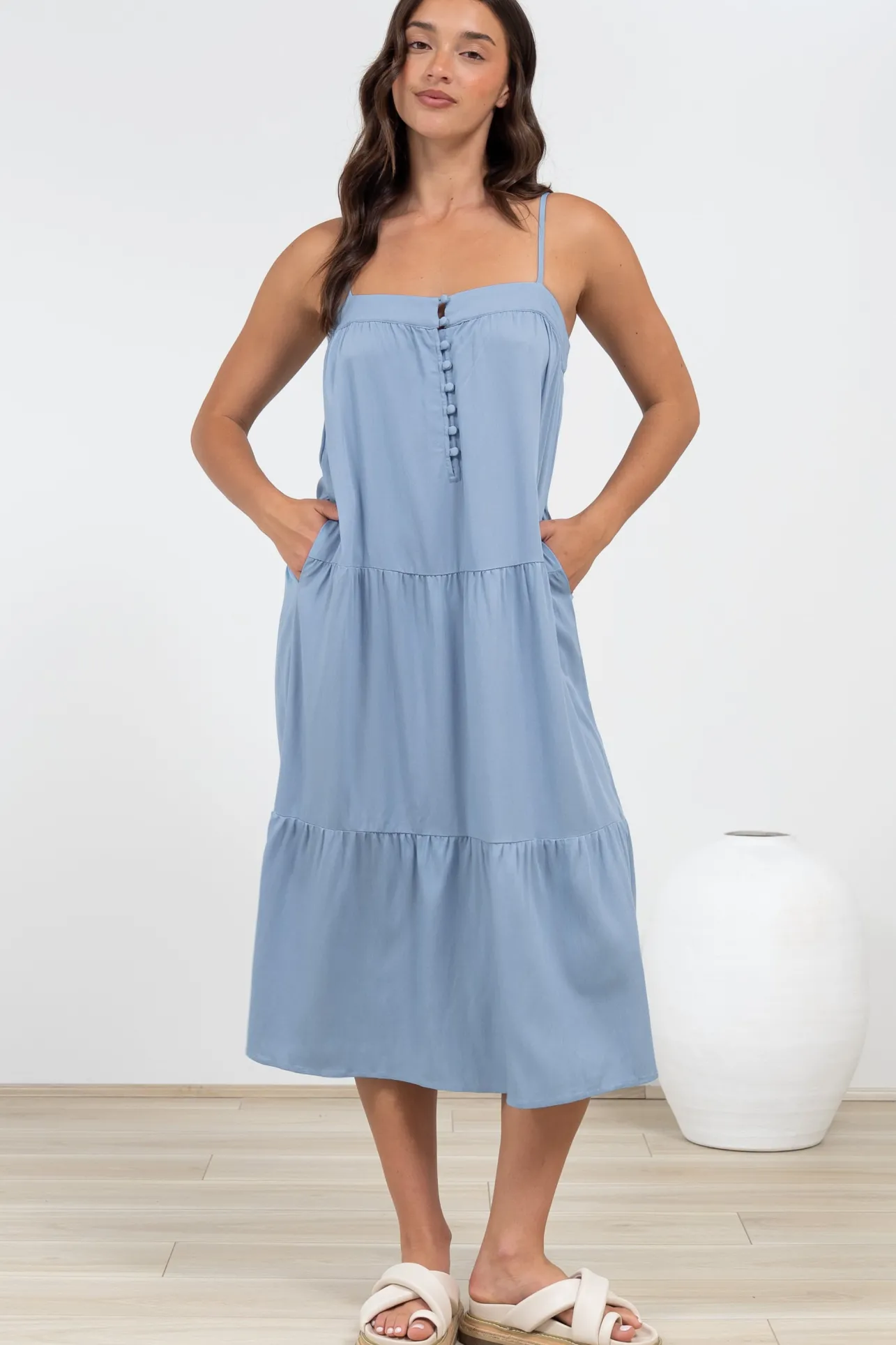 Fintan Midi Dress - Sqaure Neckline Tiered Sun Dress in Blue>Salty Crush