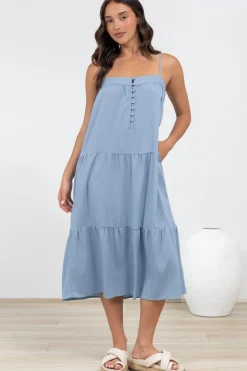 Fintan Midi Dress - Sqaure Neckline Tiered Sun Dress in Blue><noscript><img width=