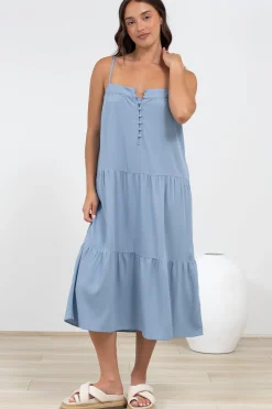 Fintan Midi Dress - Sqaure Neckline Tiered Sun Dress in Blue><noscript><img width=