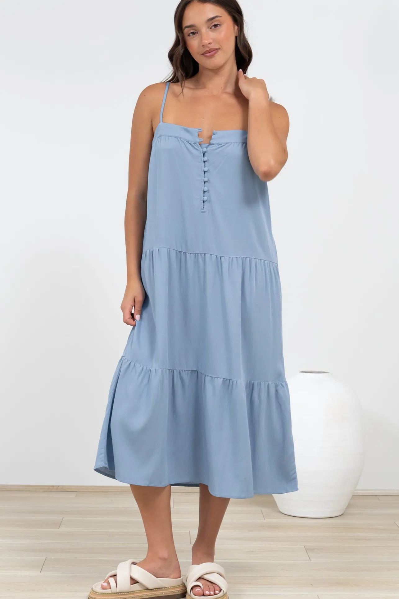 Fintan Midi Dress - Sqaure Neckline Tiered Sun Dress in Blue>Salty Crush