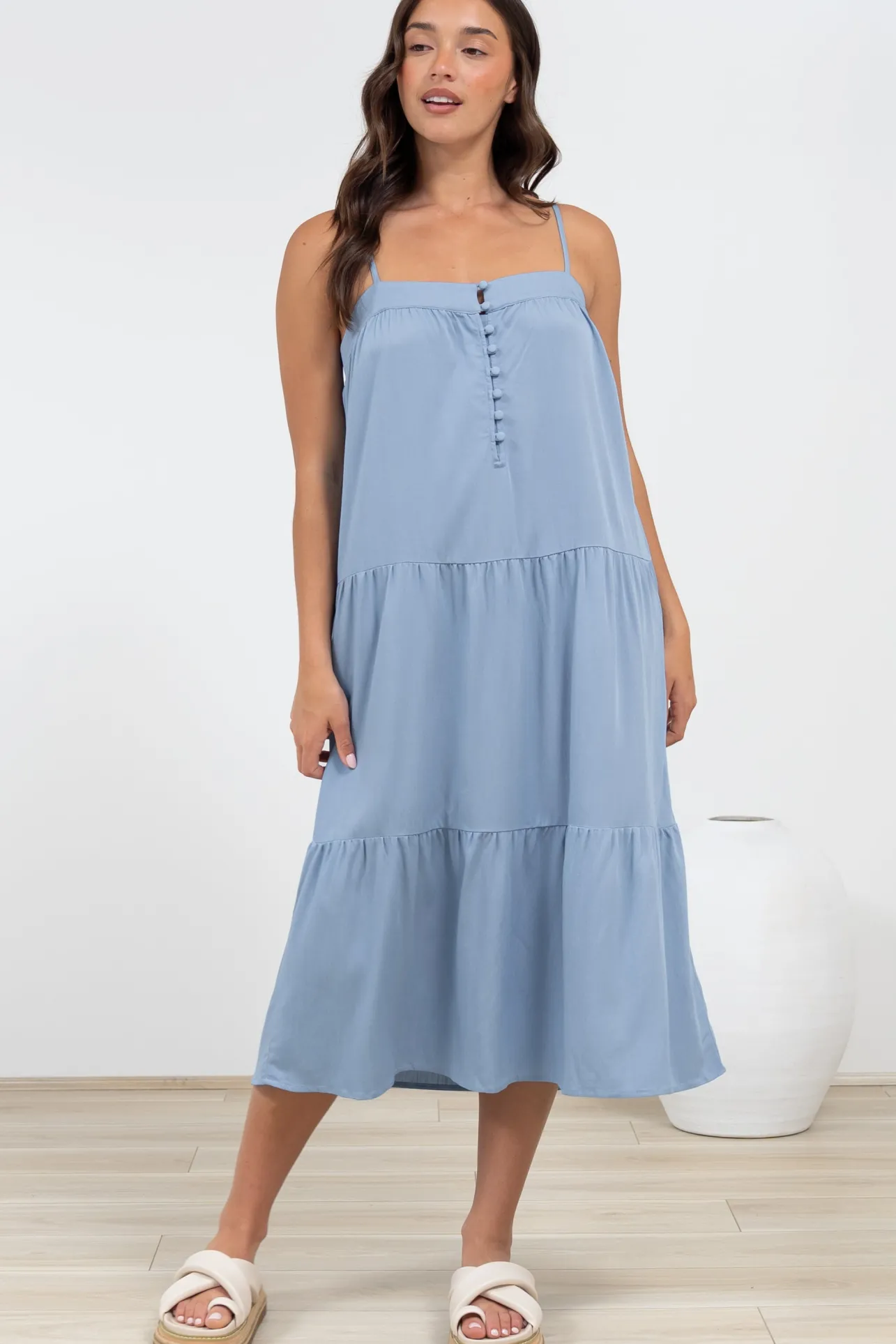 Fintan Midi Dress - Sqaure Neckline Tiered Sun Dress in Blue>Salty Crush