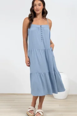 Fintan Midi Dress - Sqaure Neckline Tiered Sun Dress in Blue><noscript><img width=