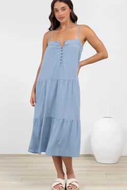 Fintan Midi Dress - Sqaure Neckline Tiered Sun Dress in Blue><noscript><img width=