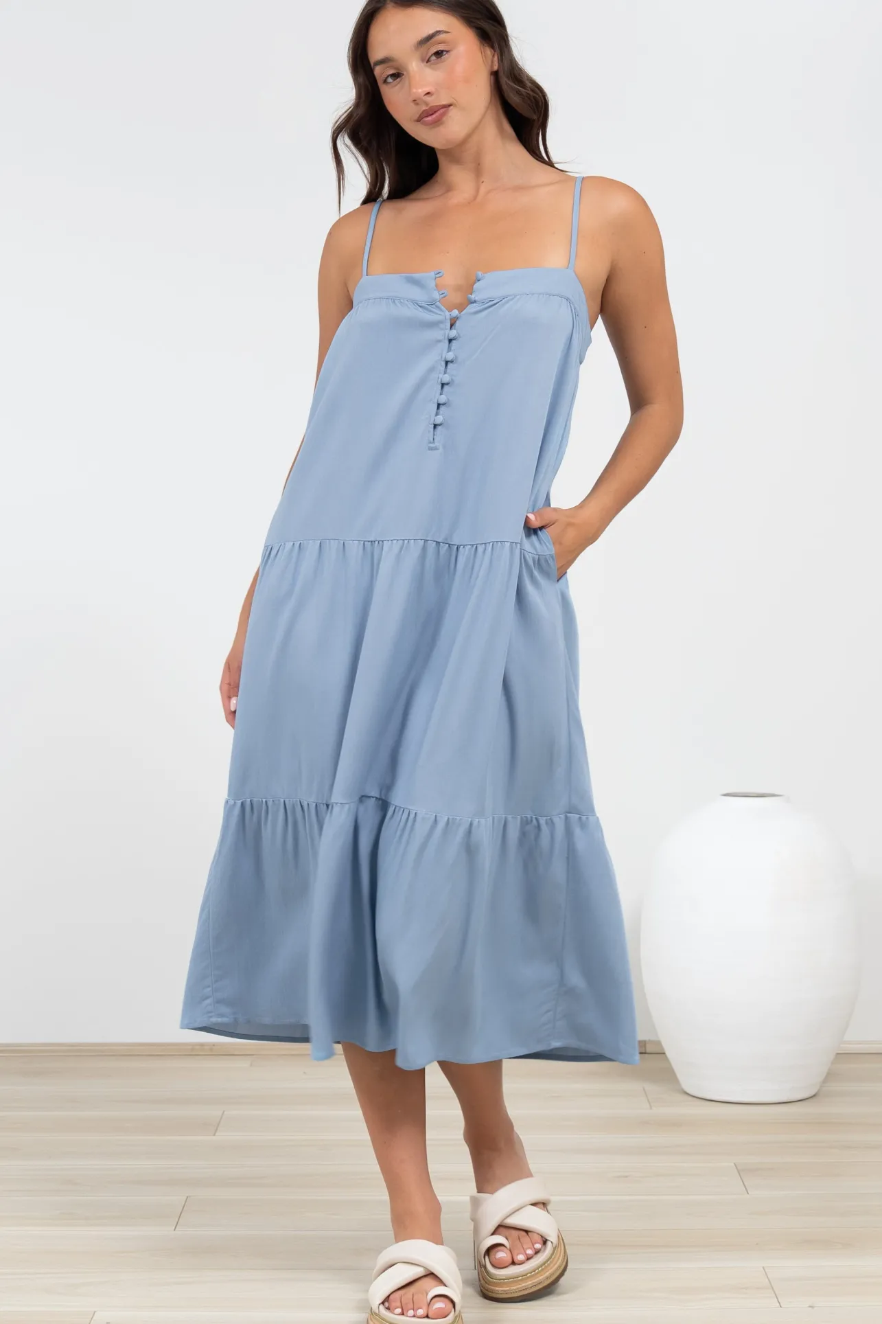 Fintan Midi Dress - Sqaure Neckline Tiered Sun Dress in Blue>Salty Crush