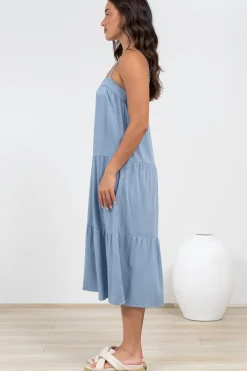 Fintan Midi Dress - Sqaure Neckline Tiered Sun Dress in Blue><noscript><img width=