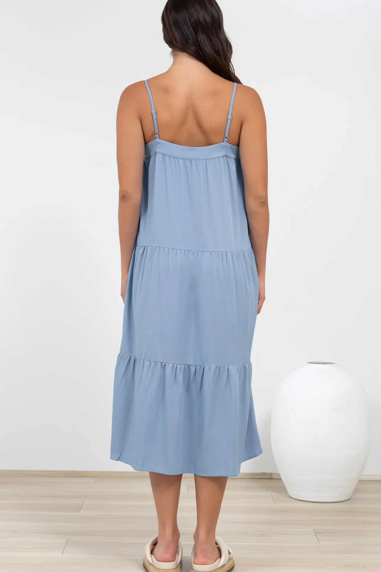 Fintan Midi Dress - Sqaure Neckline Tiered Sun Dress in Blue>Salty Crush