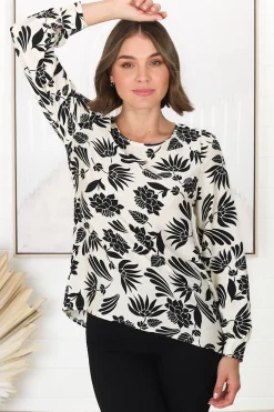 Fintra Top - Zipper Detail Long Sleeve Top in Black Kacia Print><noscript><img width=