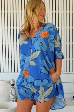Flora Shorts - Elasticated Waist Button Decal Shorts with Pockets in Blue Bell Print>Jaase