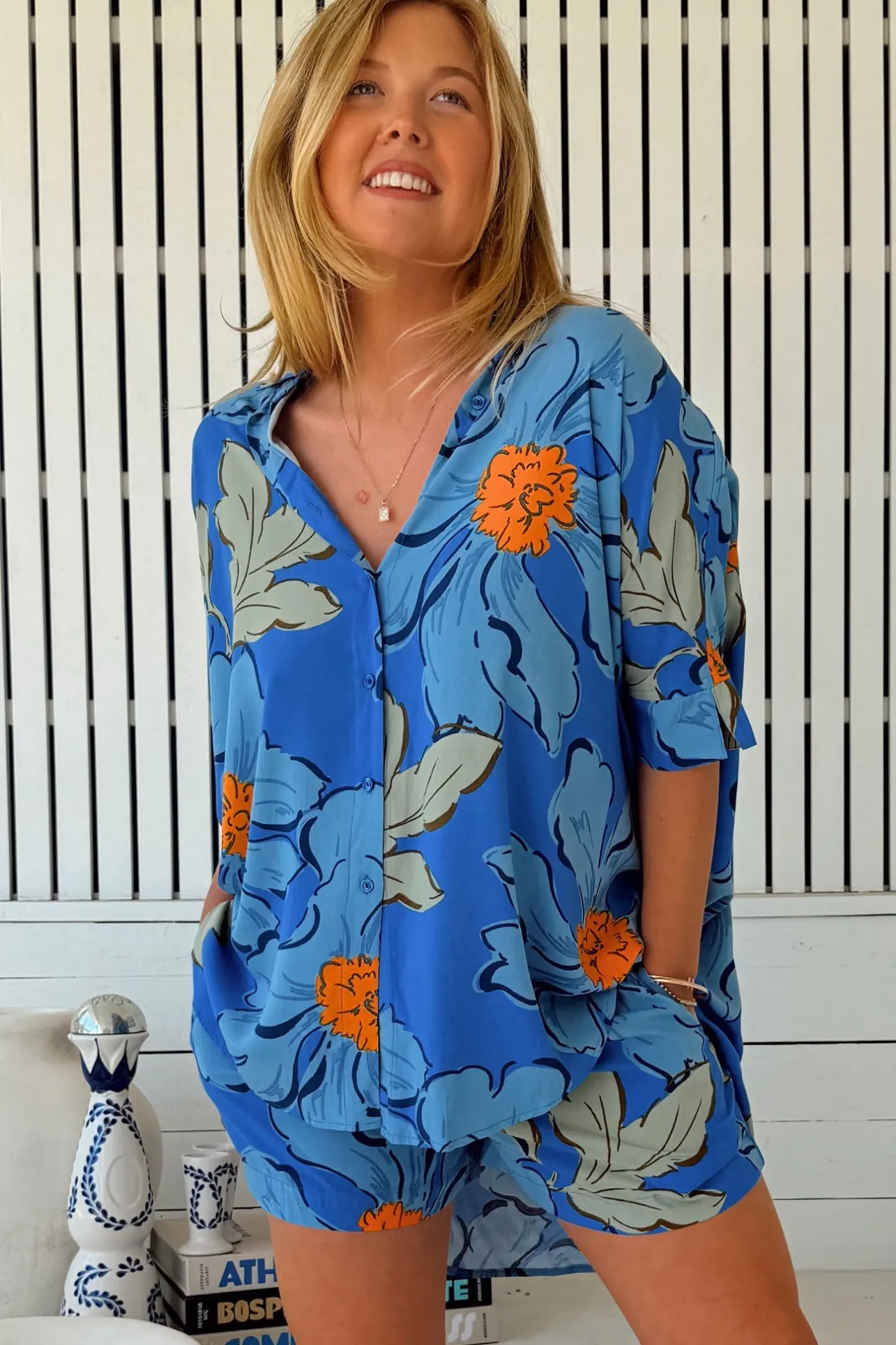 Flora Shorts - Elasticated Waist Button Decal Shorts with Pockets in Blue Bell Print>Jaase