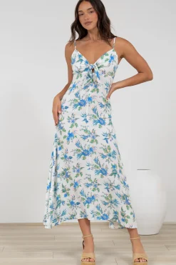 Foley Midi Dress - Tie Up Bodice Sun Dress with Adjustable Straps in Blue Bird Print>Salty Crush Clearance