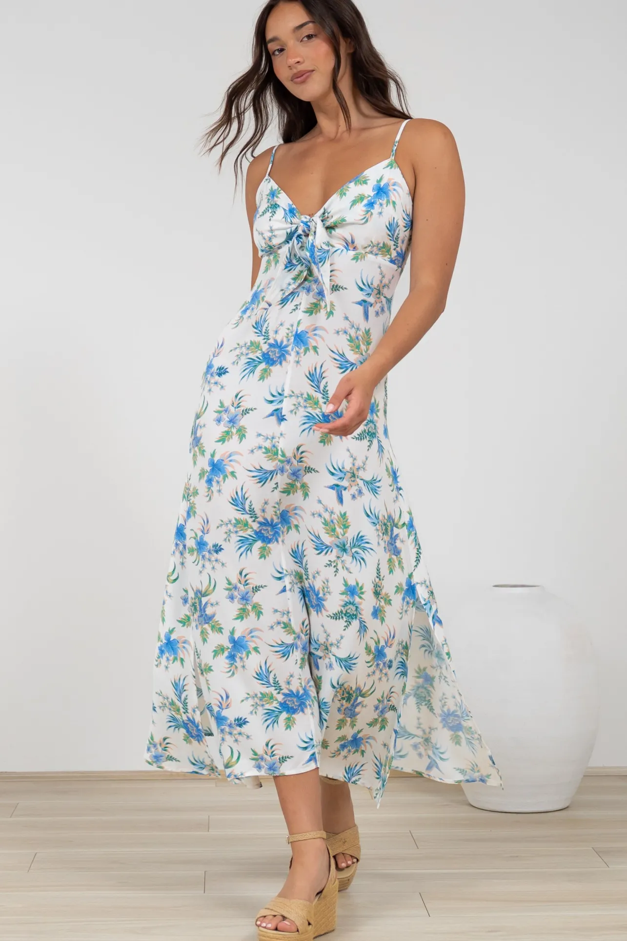 Foley Midi Dress - Tie Up Bodice Sun Dress with Adjustable Straps in Blue Bird Print>Salty Crush Clearance