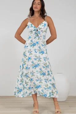 Foley Midi Dress - Tie Up Bodice Sun Dress with Adjustable Straps in Blue Bird Print><noscript><img width=
